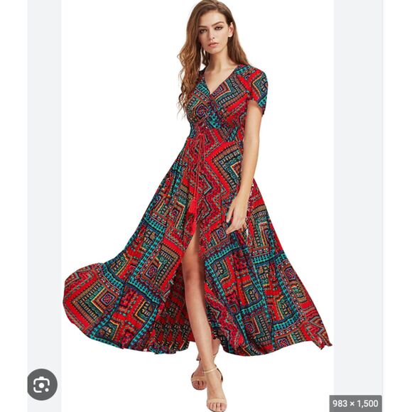 Red & Teal Boho A-Line Patchwork Maxi Dress Women's Size Medium - Picture 1 of 10
